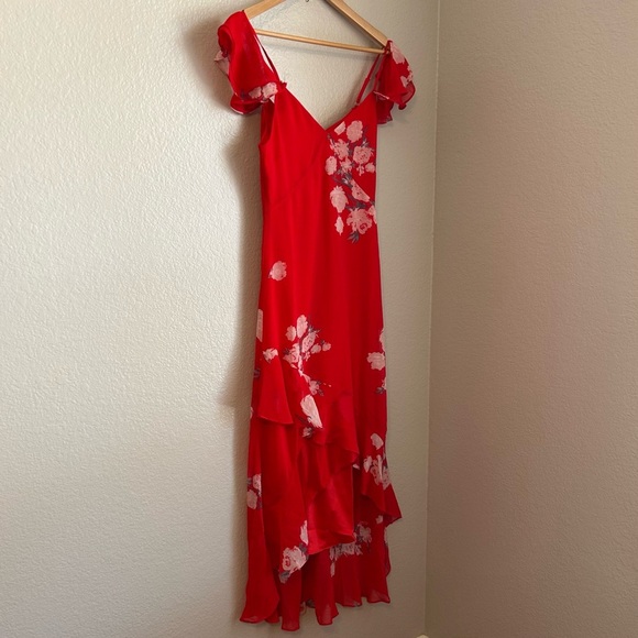 NWT, Lulus Love in Bloom Red Floral Print Off-the-Shoulder High-Low Dress, S - Picture 5 of 15